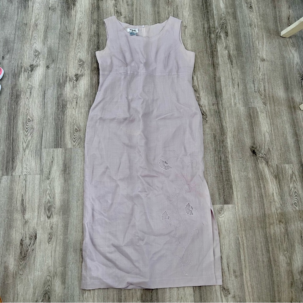 Vintage Ann Gerlin 100% Linen Embroidered Dress Womens 14  Lilac Cottage Grandma